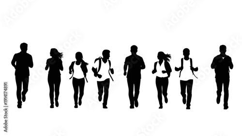 Running people silhouettes, eight individuals jogging in a line, isolated on transparent background.
