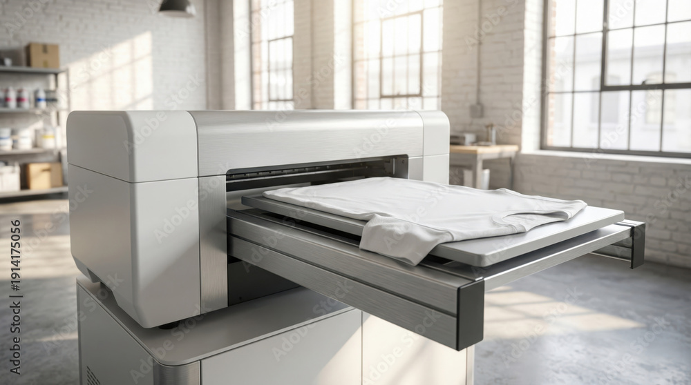 Fototapeta premium Textile printer with white t-shirt loaded for printing in workshop