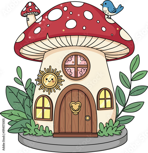 Whimsical cartoon mushroom house with a red spotted cap chimney and sun decoration surrounded by green leaves for fantasy and fairy tale children illustration vector.