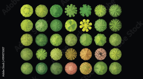 A collection of various green and colored spherical objects