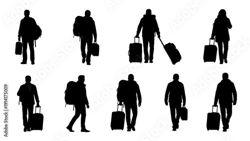 Traveler silhouettes vector collection. Includes people walking with luggage, suitcases, backpacks, and travel bags. Created in solid black style with a monochrome palette.