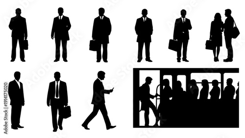 Business people silhouette collection. Includes businessmen, businesswomen, and commuters in various poses with briefcases and bags. Created in solid black vector style with a monochrome palette.