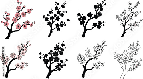 Set of cherry blossom branch illustrations featuring pink sakura flowers black silhouettes and line art for spring wedding invitation stationery and floral design vector.