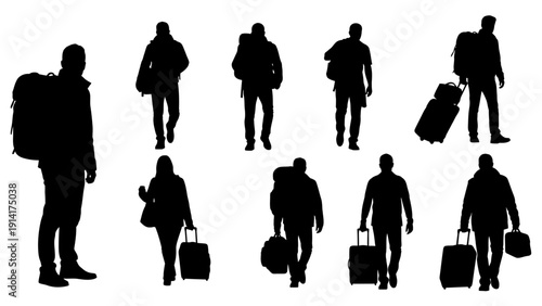 Traveler silhouettes vector collection. Includes men and women with backpacks, luggage, and carry-on bags. Created in solid black flat style with white background.