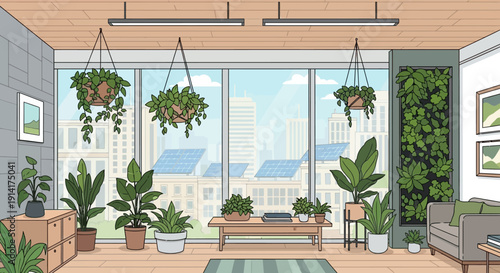 Cozy indoor green space with large windows overlooking a cityscape, filled with various houseplants