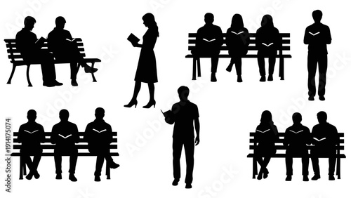 People reading books silhouette collection. Includes individuals and groups sitting on benches or standing while engaged in reading. Created in solid black vector style with a monochrome palette.