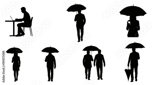 People with umbrellas and a person working on a laptop silhouette collection. Includes 7 distinct figures with umbrellas walking, standing, and a couple