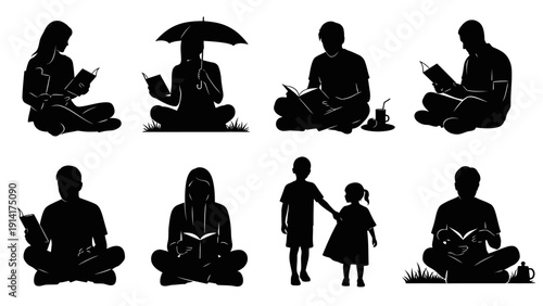 People reading and learning icon collection. Includes men, women, and children reading books, studying, and enjoying literature. Created in silhouette style with black and white palette.