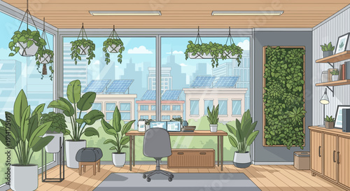Vibrant and Serene Modern Office Space Featuring Lush Indoor Plants, a Desk with Computers, and a Panoramic City View