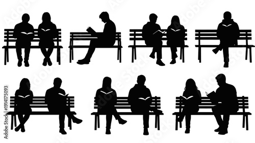 People reading on benches silhouette collection. Includes individuals and couples sitting on park benches, engaged in reading books. Created in solid black silhouette style with white background.