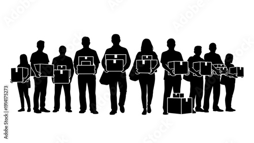 A professional vector illustration featuring a diverse group of business people silhouettes, including men and women standing in a team meeting or walking through a busy office crowd