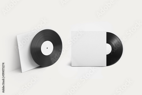 Empty blank vinyl record with cover Mock up isolated on a grey background. 3d rendering.side and front view.
