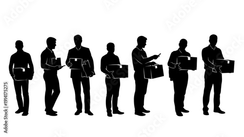 A diverse group of business people silhouettes featuring a team of businessmen and women standing and walking in an office setting