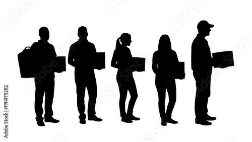 A professional vector illustration depicts a black silhouette group of business people, men, and women standing in an office meeting as a cohesive team figure