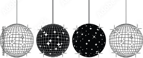 Four hanging black and white starry globe decorations with geometric patterns