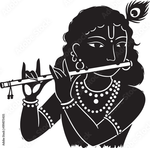 Black and white illustration of krishna playing flute isolated on transparent background