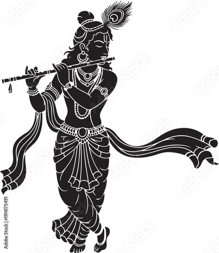 Black and white illustration of krishna isolated on transparent background playing flute