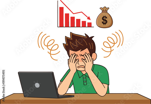 Stressed businessman character sitting at laptop with head in hands showing financial loss falling stock market graph and money bag for economic crisis vector.