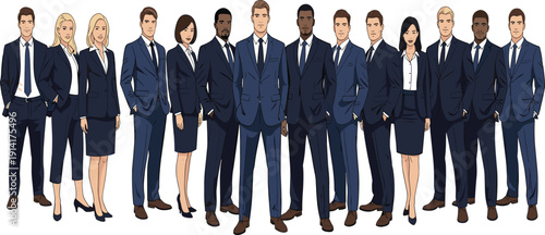 Group of diverse business people in navy blue suits standing in a row