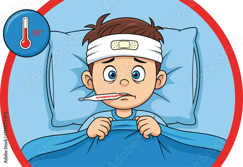 Cute cartoon little boy lying in bed with a fever and thermometer in mouth showing high temperature for medical health and pediatric illness awareness vector.