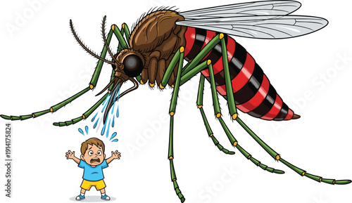 Giant mosquito insect attacking a small scared boy character vector illustration for health awareness malaria prevention dengue fever warning and medical education poster.