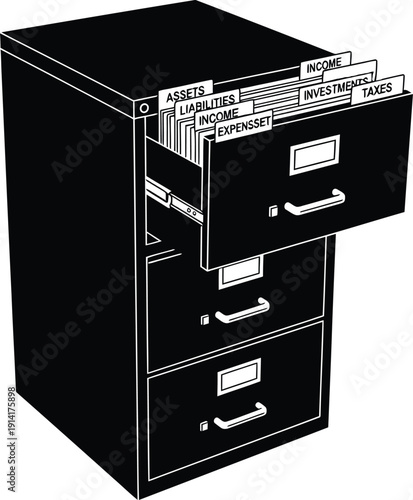 Black four drawer file cabinet with open top drawer