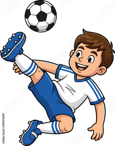 Cute cartoon little boy soccer player performing an overhead bicycle kick with a football wearing blue and white uniform for youth sports competition vector.