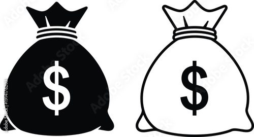 Two money bags with dollar signs one solid black and one outline currency finance