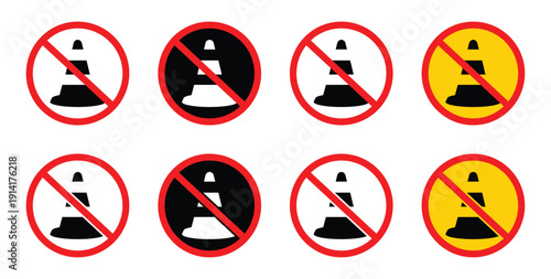 No traffic cone sign, Forbidden traffic cone inside a red prohibition sign against a white background.