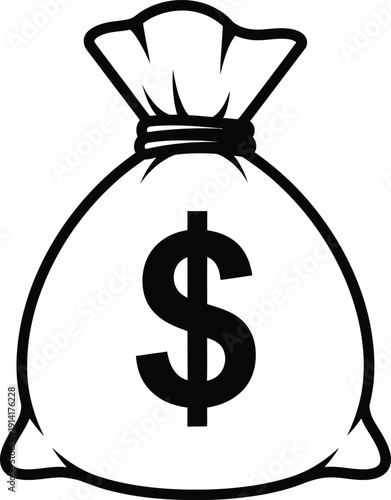 A black and white illustration of a money bag with a dollar sign