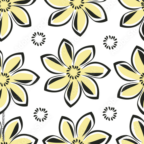 Wallpaper Mural Seamless floral pattern with stylized yellow and white flowers, blue berries, and leaves on a sage green background. This modern, folk-art design is great for textiles, wallpaper, and spring decor
 Torontodigital.ca