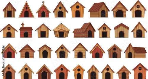 Wooden Dog House Vector Set Featuring Various Kennel Designs, Pet Shelters, Outdoor Animal Homes, and Cute Cartoon Structures