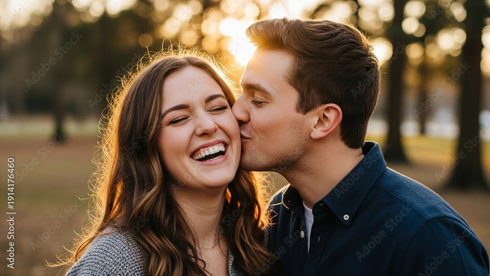 Fototapeta premium Joyful Couple Embraces Affectionate Moment, Kissing Outdoors, Sunlight Illuminating Their Happiness.