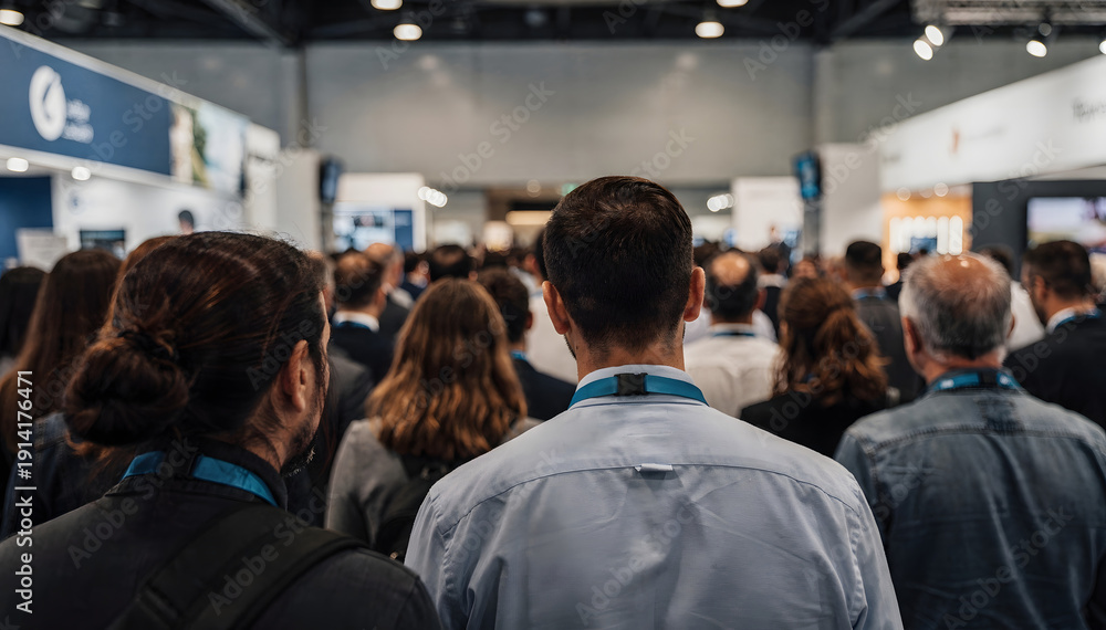 Obraz premium Diverse Crowd Attending Business Conference: Back View of People in a Large Exhibition Hall with Bright Lights for Corporate Events & Networking Opportunities