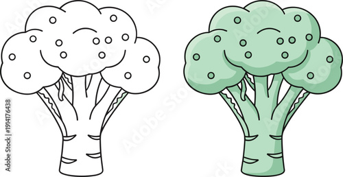 Broccoli vegetable illustration set in outline and pastel green cartoon styles for healthy food nutrition design