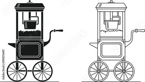 Vintage popcorn cart in solid black and outline styles Keywords: popcorn, cart, machine, vintage, retro, food, snack, cinema