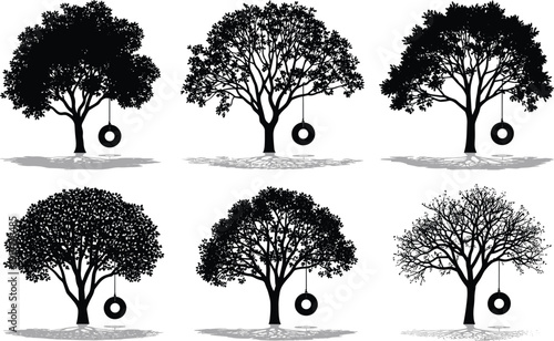 Set of black deciduous tree silhouettes with tire swings hanging from branches for backyard play childhood nostalgia family garden landscape design and summer nature vector.