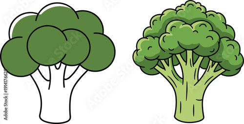 Broccoli vegetable illustration set in simple and detailed cartoon styles for healthy food nutrition and organic design
