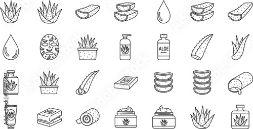 Aloe Vera Skincare Line Icon Vector Set Featuring Plant Leaves, Gel Drops, Cosmetic Bottles, Cream Jars, and Natural Beauty Elements