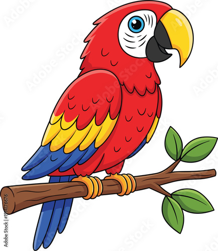 Cute red scarlet macaw parrot character perched on a green leafy branch vibrant tropical bird illustration for zoo wildlife education and summer travel vector.