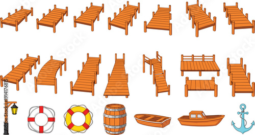 Wooden Pier and Dock Vector Set Featuring Harbor Platforms, Walkways, Lifebuoys, Boats, Barrels, and Nautical Port Elements