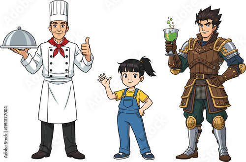 Vector character set featuring a professional male chef a young girl in overalls and a fantasy warrior in armor with a potionVector character set featuring a 