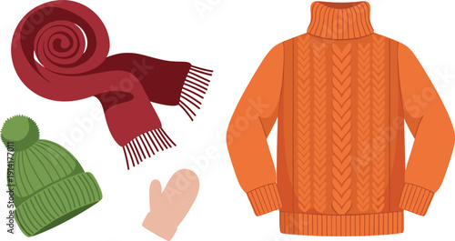Winter Clothing Set With Orange Sweater Green Hat Red Scarf And Mittens Keywords: winter, clothing, set, orange, sweater, green