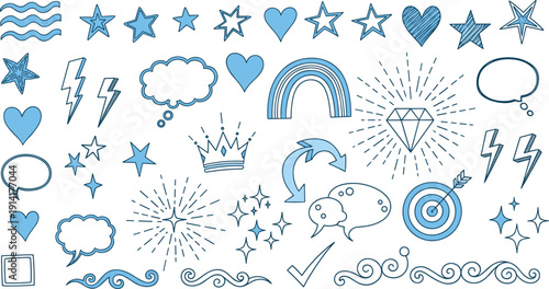 Vector collection of hand drawn blue doodle elements including stars hearts rainbows speech 