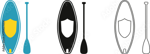 Stand up paddle board and paddle icon set in colored silhouette and outline styles for water sports design