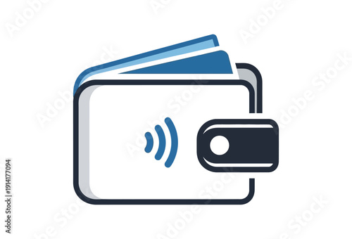 Simple digital illustration of a contactless payment card with a wireless symbol and a card reader on white background