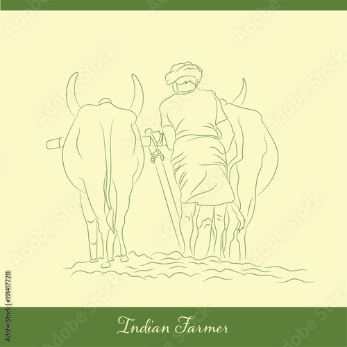 Indian Farmer Working in Field with Bulls Line Art Vector Illustration of Traditional Agriculture