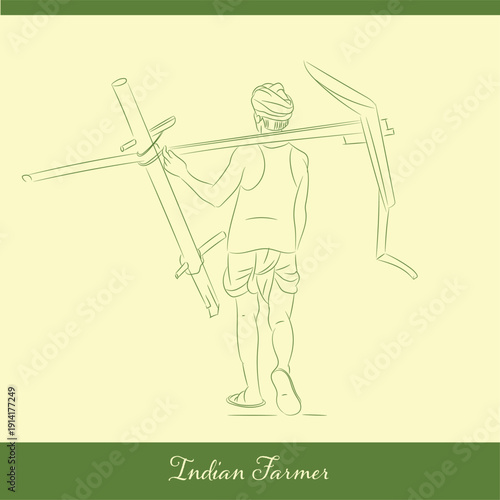 Indian Farmer Carrying Plough Line Art Vector Illustration of Traditional Rural Agriculture