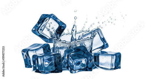 Glowing sapphire blue ice cubes impacting clear water creating a crown splash on a white background with copy space. Concept of intense refreshment and purity