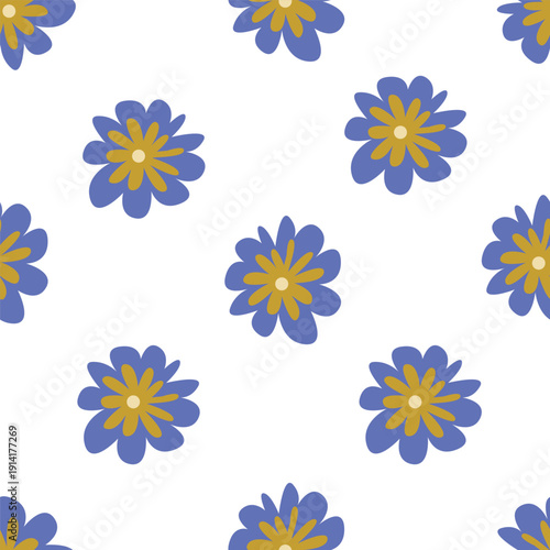 Wallpaper Mural Seamless floral pattern with stylized yellow and white flowers, blue berries, and leaves on a sage green background. This modern, folk-art design is great for textiles, wallpaper, and spring decor
 Torontodigital.ca